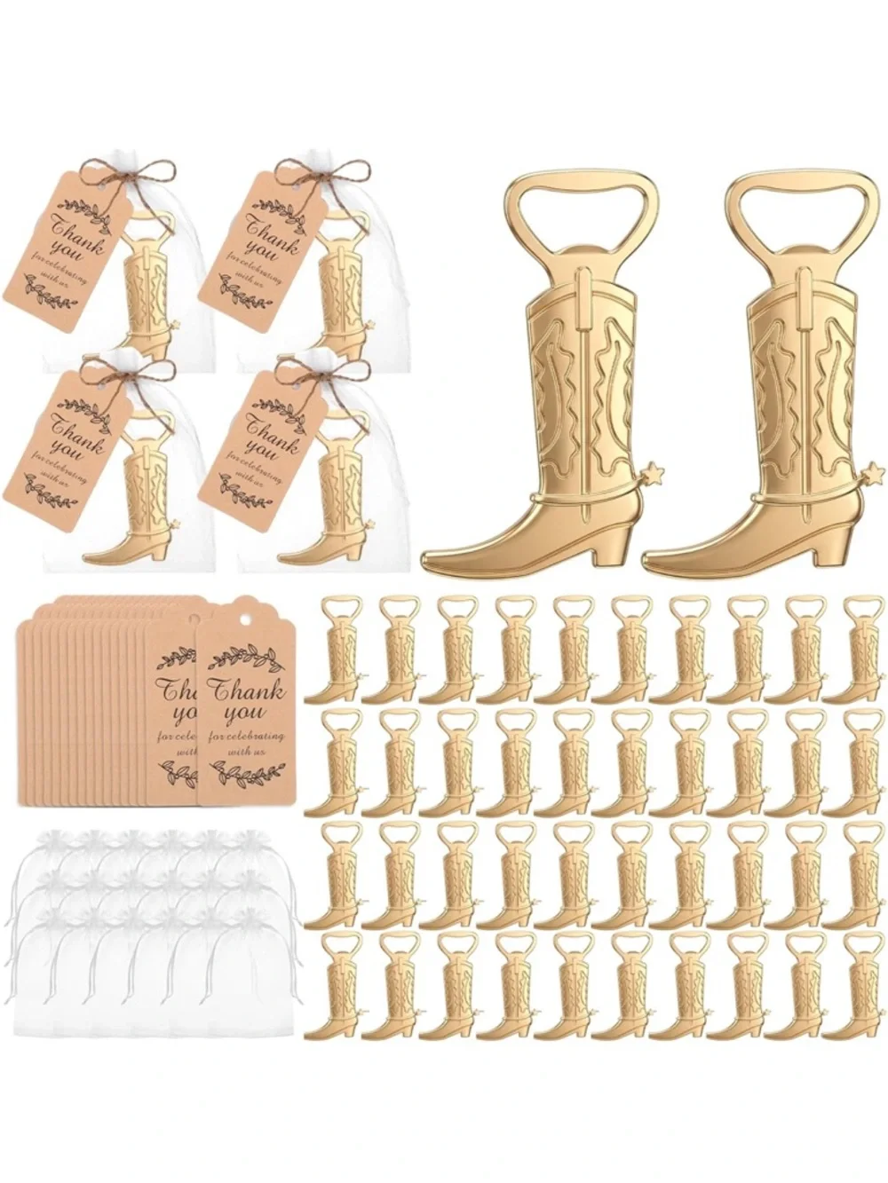 Party Cowboy Boot Bottle Openers with Thank You Tags - Gold